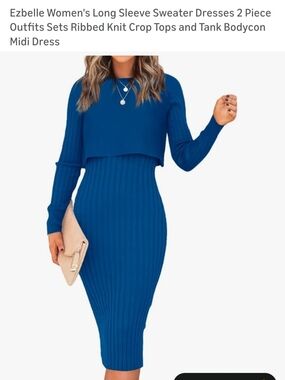 Ribbed Two-Piece Long Sleeve Midi Dress in Blue by